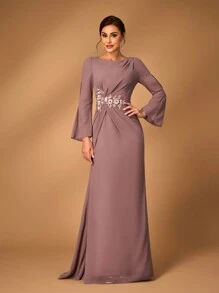 Serin 女士优雅灰粉色雪纺面料连衣裙，圆领，透明长袖，褶饰，亮片贴花装饰，鱼尾下摆，适合婚礼、音乐节、正式派对上的新娘母亲 - 咖啡棕 - 查看 7