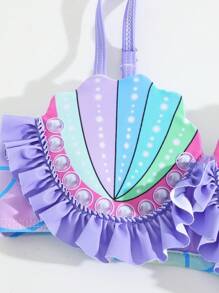 SHEIN 年轻女孩 3 件套印花比基尼套装带荷叶边，两件套，泳衣 - 彩色 - 查看 5