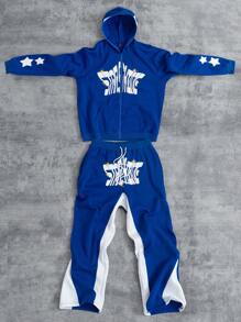 Manfinity Homme 男士大码休闲字母印花羊毛连帽夹克和裤子套装，秋冬 - 藍色 - 查看 1