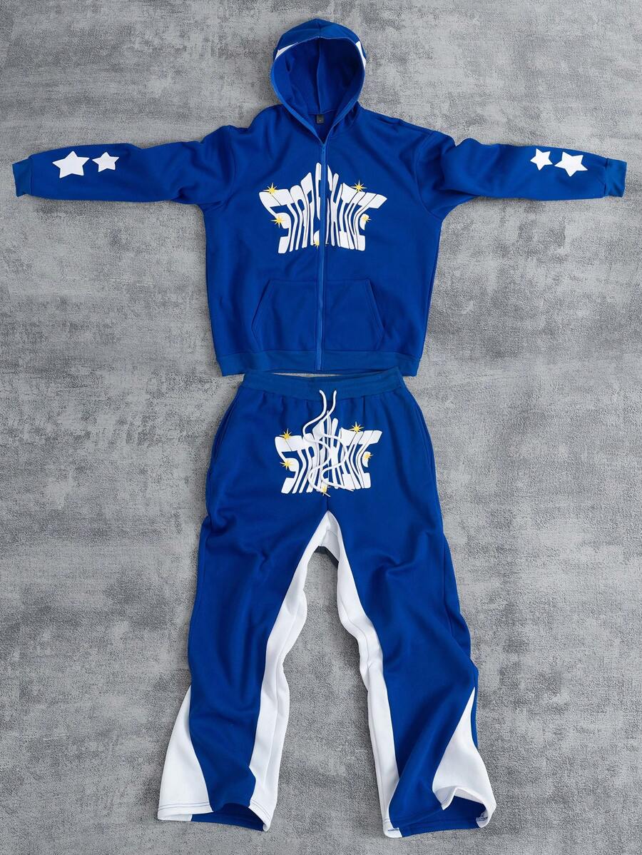 Manfinity Homme 男士大码休闲字母印花羊毛连帽夹克和裤子套装，秋冬 - 藍色 - 查看 1