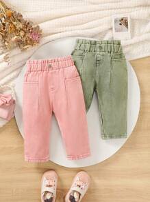Baby Girls' Solid Woven Denim Pants Set - Multicolor - View 1