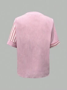 SHEIN LUNE Áo kiểu ngắn tay cổ chữ V in họa tiết sọc hồng dành cho nữ - Hồng - Xem 2