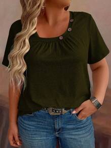 EMERY ROSE Plus Size Women's Solid Simple Casual Short Sleeve T-Shirt - Army Green - View 1