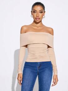 SHEIN SXY Damenkleidung, einfarbig, schulterfrei, gerüscht, langärmelig, T-Shirts, Ausgehoberteil für den Herbst - Khaki - Übersicht 3