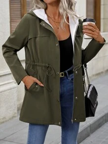 Chiquease Áo khoác có mũ trùm đầu màu trơn có dây rút - xanh quân đội - Xem 4