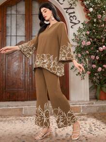 Mulvari Bộ 2 chiếc áo và quần cổ chữ V thêu hoa bất đối xứng thanh lịch dành cho nữ - Cà phê nâu - Xem 5