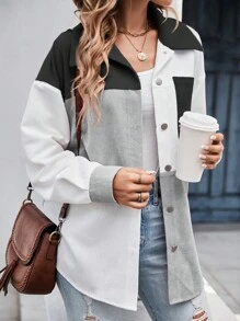 SHEIN LUNE Women's Loose Color Block Drop Shoulder Long Sleeve Casual Jacket, Spring Autumn - Black and White - View 4