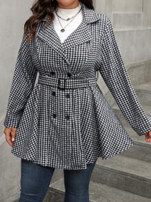 SHEIN LUNE Plus Size Lapel Long Sleeve Fashionable Button Charming Houndstooth Pattern Woolen Coat - Black and White - View 4