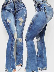Women's Pearl Jeans, High Waisted Stretch Ripped Distressed Denim Pants,Flared Jeans For Women - Blue - View 5