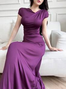 Modelyn Đầm cổ tròn màu trơn thanh lịch cho nữ, Đầm dạ hội dài mùa hè - Màu tím - Xem 5