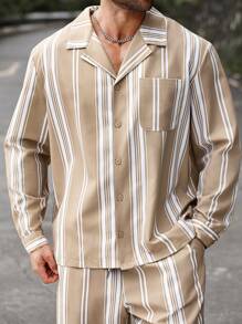 Manfinity Homme Men's Plus Size Spring Autumn Casual Striped Long Sleeve Shirt & Pants Set - Khaki - View 4
