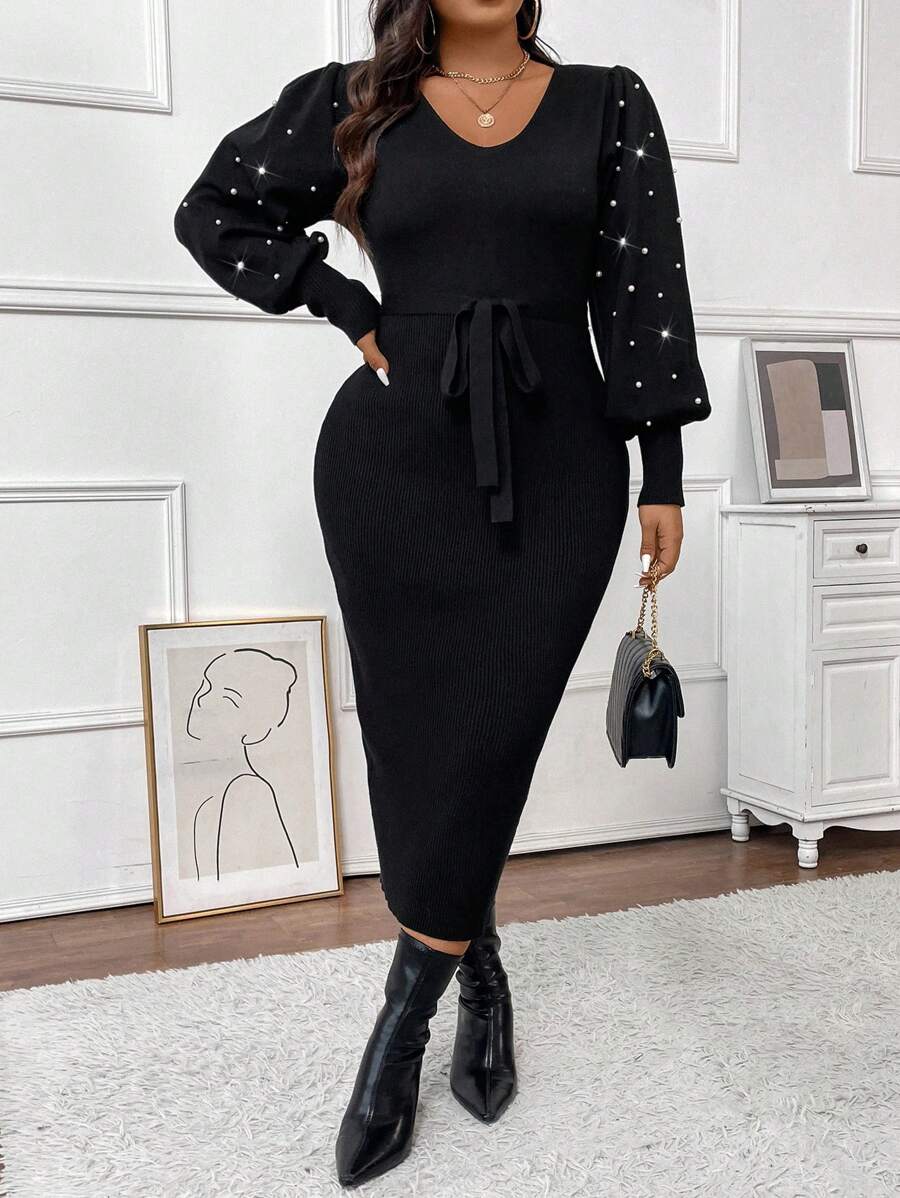 SHEIN Unity 大码女式 V 领珍珠收腰修身长袖针织连衣裙，秋冬 - 黑色 - 查看 1