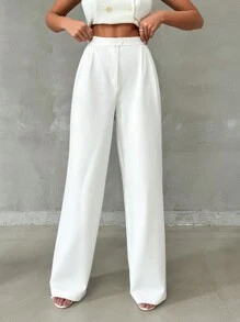 Women's Stylish Solid Color High Waist Straight Pant With Button And Zipper Details