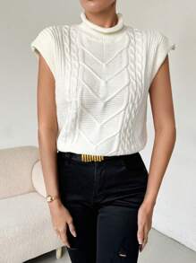 SHEIN LUNE 女士时尚纹理圆领短袖休闲套头衫 - 米色 - 查看 5