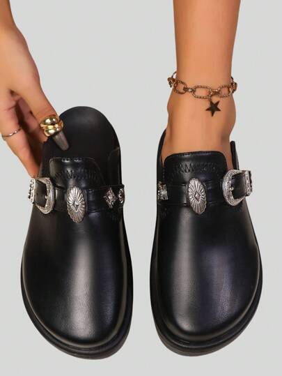 Goth Black Thicksoled Open-Back Mule Shoes For Women, Retro Rivet Metal Decor Slip-On Fall New Year Holiday Valentines