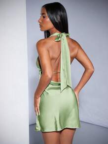 SHEIN BAE Váy màu đào hở lưng màu khỏa thân/hồng nhạt màu rắn V sâu, dây thắt nơ cổ bằng Satin/Đầm mini dự tiệc/cocktail cho khách dự đám cưới, trang phục buổi hòa nhạc mùa hè - Màu xanh Bạc hà - Xem 5