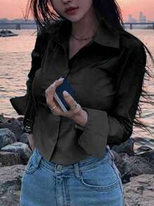 INAWLY 女式纯色前扣长袖休闲衬衫、女式衬衫、长袖上衣 - 黑色 - 查看 4