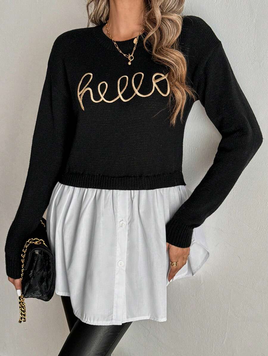 SHEIN Clasi Áo len nữ cổ tròn thêu chữ, áo len chui đầu mùa thu đông. - màu đen - Xem 1