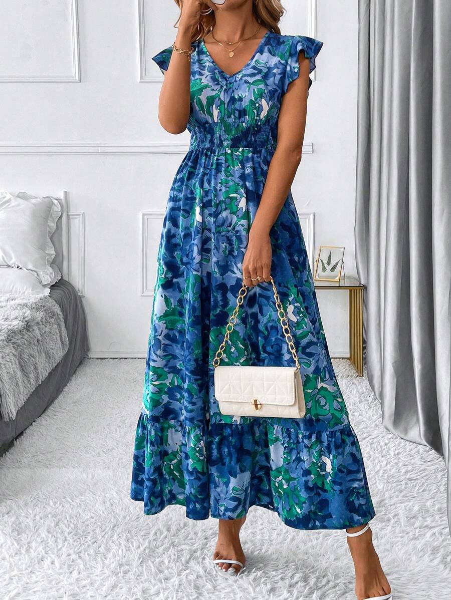 SHEIN Clasi Green Floral Print  Summer Long  Dress For Women - Multicolor - View 1