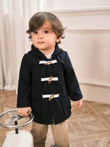 SHEIN 1 peça para bebês meninos com capuz de cor sólida com botão casual jaqueta macia roupa de manga comprida, adequada para brincadeiras ao ar livre de outono e inverno, férias, uso casual diário - Azul - Ver 5