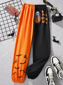 SHEIN Teen Girl Elastic Waist Halloween Bat Printed Sweatpants With Color Block Design, Spring Autumn Clothes, For Halloween Party - Multicolor - View 3
