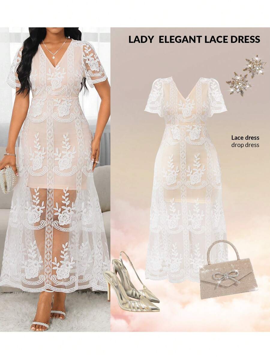 SHEIN Lady Four Season  Women's White Lace Trim V-Neck Fall Women Dresses  Cruise Women Outfits  Fall Wedding Guest Dress  Dark Academia   Long Holiday Summer Dress - White - View 1