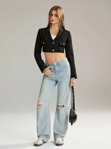 SHEIN Unity Women Elegant Solid Color Short Woolen Jacket, Autumn - Black - View 3