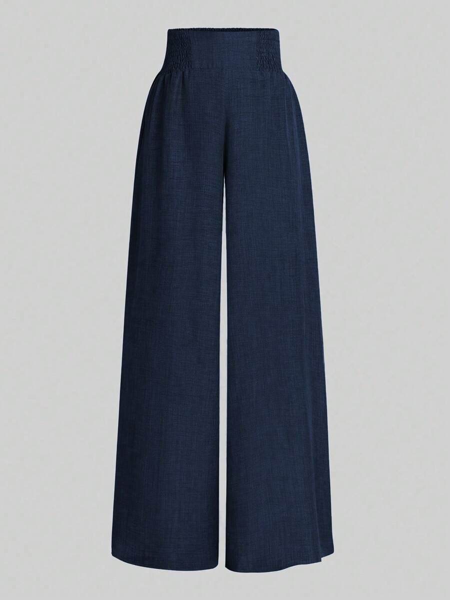 SHEIN LUNE Women's Solid Color High Waist Pleated Wide Leg Loose Elegant Office Pants Fall Cloth For Women - Navy Blue - View 1