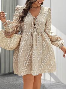 Flirla Plus Size Floral Jacquard Puff Sleeve Casual Vacation Dress