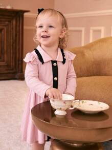 SHEIN 女婴优雅复古针织纹理拼色毛衣裙，秋冬款 - 彩色 - 查看 6