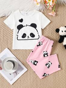 SHEIN 少女可愛熊圖案短袖上衣和直筒長褲針織阻燃舒適休閒睡衣套裝（2件）