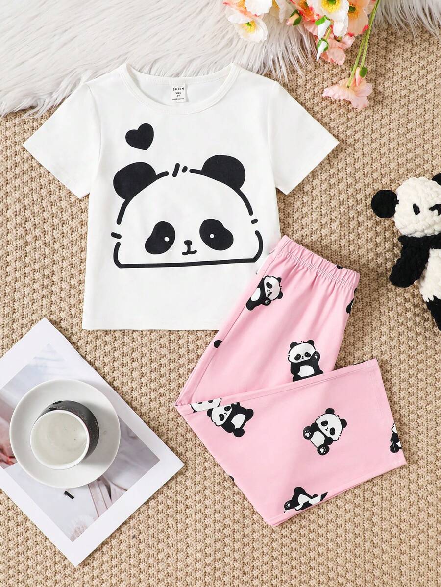SHEIN 少女可愛熊圖案短袖上衣和直筒長褲針織阻燃舒適休閒睡衣套裝（2件）