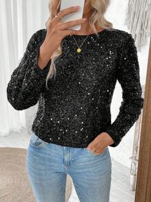 Chiquease Veste avec détail de nœud papillon scintillante, noire avec sequins, à manches longues, deux façons de porter, printemps/automne - Noir - Voir 5