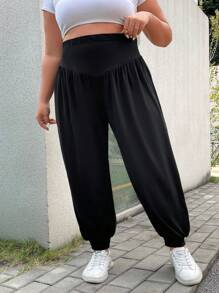 SHEIN CURVE+ Plus Size Black Casual Jogger Pants Fall Cloth For Women - Black - View 3