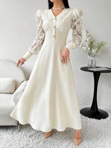 Modelyn 女士纯色简约日常穿着蕾丝装饰阿拉伯朴素连衣裙派对优雅晚装长袖长裙、婚礼/场合礼服白色优雅连衣裙长款晚礼服 - 杏色 - 查看 4