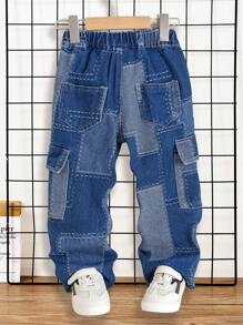 Kleine Jungen lässige, locker sitzende Cargojeans mit Kontrastnaht und geradem Bein
