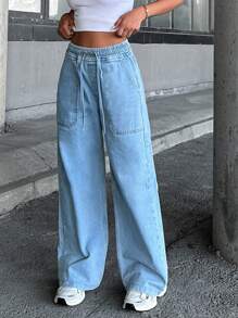 EURMUSE STRAIGHT HIGH ELSTIC WAIST JEANS - Medium Wash - View 4