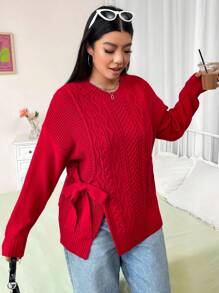 Calvaya Plus Size Women's Solid Color Simple Everyday Knitted Pullover Sweater For New Year Fall Winter - Red - View 7