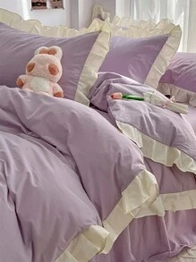 3pcs Purple Floral Bedding Set With Ruffle Hem For Student Dormitory - Mauve Purple - View 1