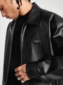 Manfinity VCAY Men's PU Leather Long Sleeve Casual Shacket - Black - View 2