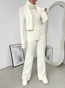 Chiquease 2pcs Solid Round Neck Loose Casual Oversized Sweater Set For Women - Apricot - View 4