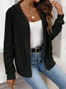 SHEIN LUNE Asymmetrical Brushed Ribbed Grey Zip-Up Hoodie For Women - Black - View 6