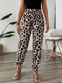 SHEIN LUNE Plus Size Fall Women Vintage Leopard Print Elastic Waistband Pants With Ruffled Cuffs For Casual, Holiday Halloween Clothes Leopard Pants Airport Women Outfits