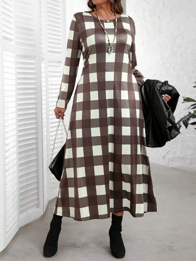EMERY ROSE Plus Size Crew Neck Long Sleeve Plaid Print Casual Loose & Comfortable Elegant Fall Dress
