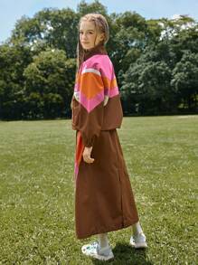 SHEIN 2 piezas/Conjunto Chaqueta con cuello alto y falda maxi de color bloque de contraste casual para niñas, adecuado para viajes al aire libre y estilo de calle urbana