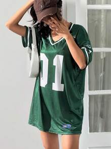 SHEIN EZwear 运动号码图案足球球衣 T 恤连衣裙 - 綠色 - 查看 5