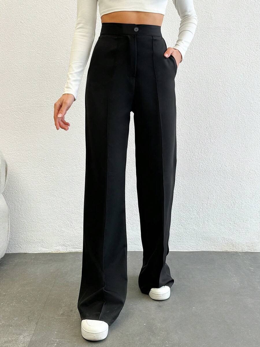 SHEIN Tall 高挑尺寸女士口袋長褲，商務西裝褲 - 黑色 - 查看 1