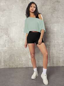 VARSITIE 女士纯色不对称领口夏季运动 T 恤 - 薄荷藍 - 查看 6