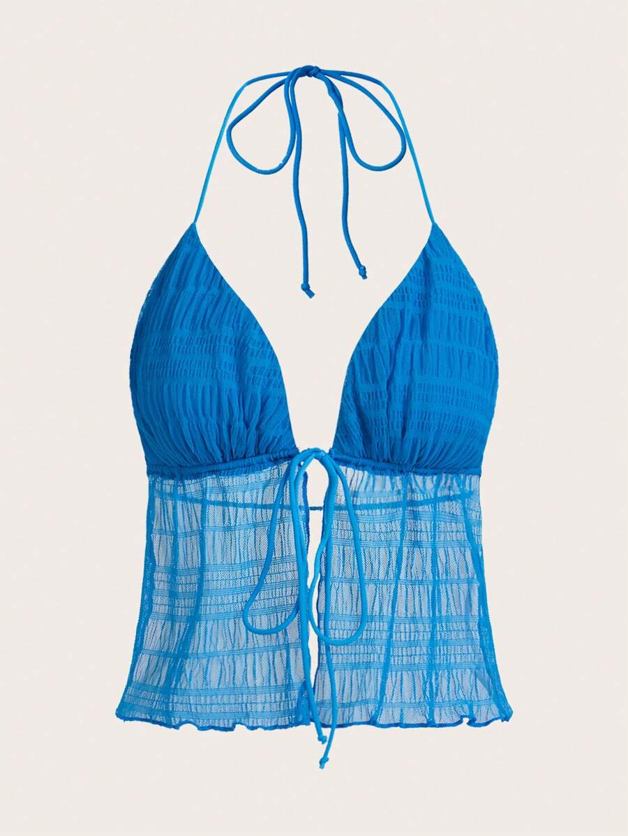 SHEIN ICON Split Hem Tie Backless Mesh Halter Y2k Top - Blue - View 1