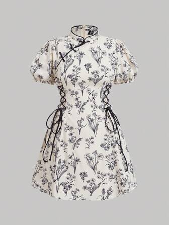 SHEIN MOD Plus Size New Chinese Style Stand Collar Button Front Short Dress, For Summer,Beach Dress Sundress,Holiday Outfits Boho